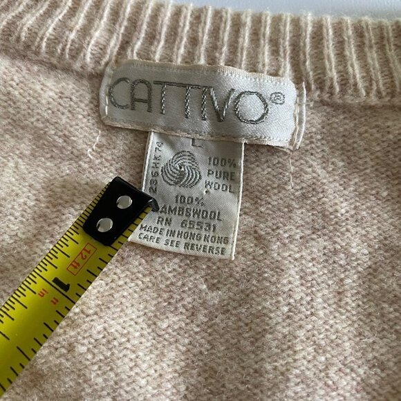 Vintage Cattivo Mens V Neck Large 100% Lambs Wool Sweater Beige Color Geometric - Picture 4 of 11